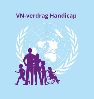 Illustratie VN-verdrag Handicap met silhouetten van mensen en rolstoel voor VN-logo.
